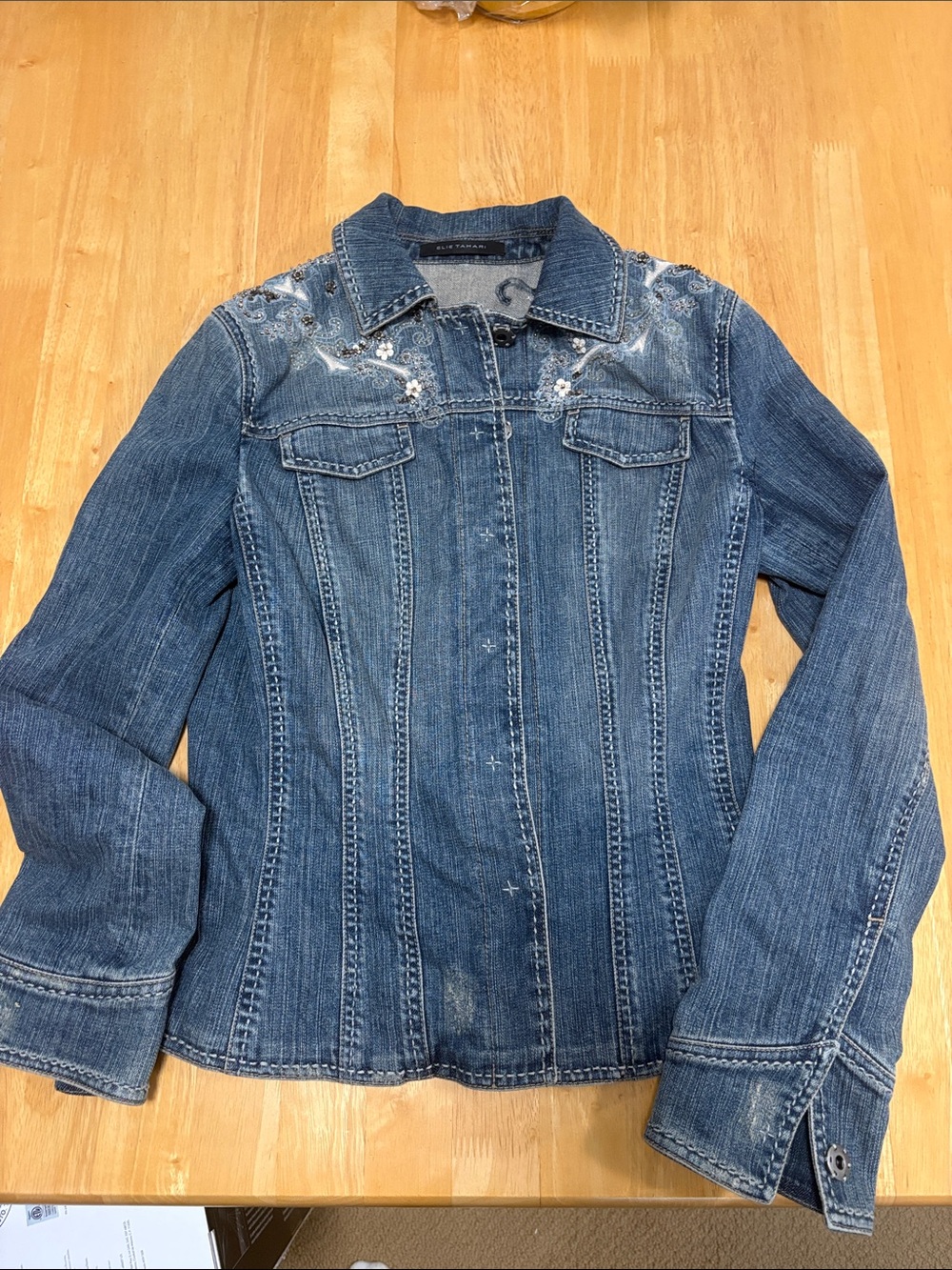 Elie Tahari Blue Embellished Denim Jacket
